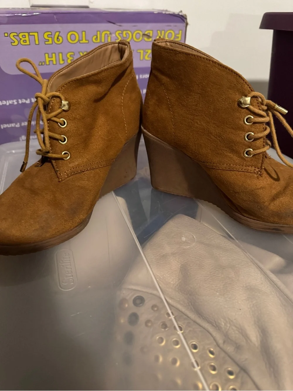 Women's Tan Suede Wedge Booties - Lace-Up Comfort size 6